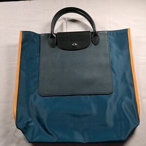 Longchamp Cabas Re-Play Canvas & Leather Two-Tone Tote Teal & Mustard Blk Handle